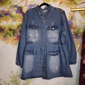 Denim Distressed Vintage Inspired Jacket & Shoulder Epaulet Button Front